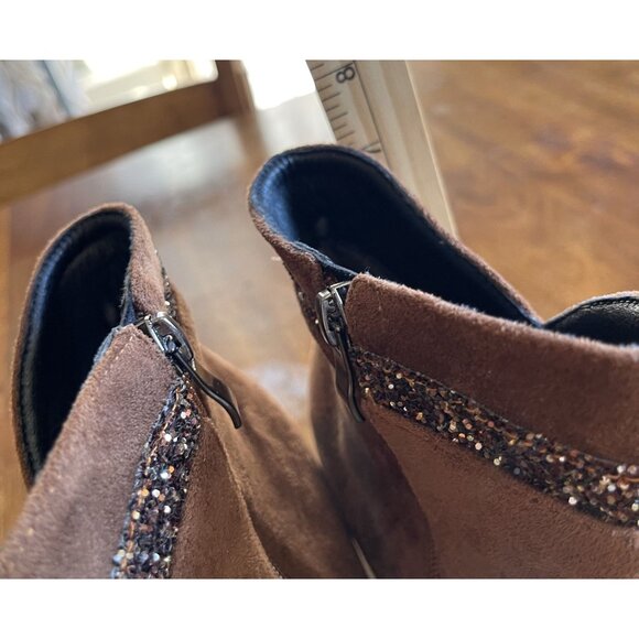 Brown Boots Womens Size 10 Suede & Glitter Ankle Boots Side Zipper & Chunky Heel - Picture 13 of 13